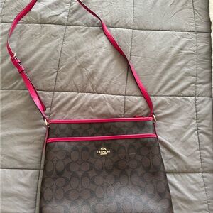 Coach Brown and Pink Crossbody Bag with Signature Monogram